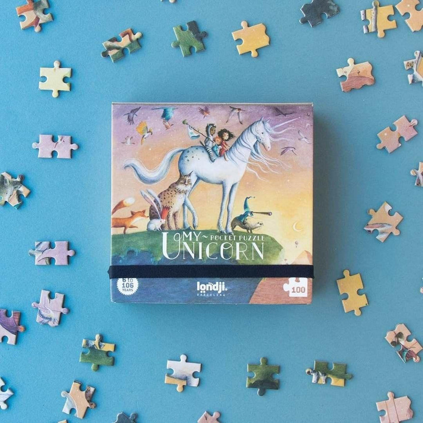 Londji My Unicorn puzzle 100 elementów, kieszonkowe, brokatowe jednorożce. Idealne puzzle do podróży dla miłośników magii.