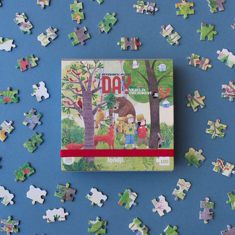 Dwustronne puzzle dla dzieci z motywem lasu, pokazujące przyrodę w dzień i w nocy, ekologiczne i edukacyjne.