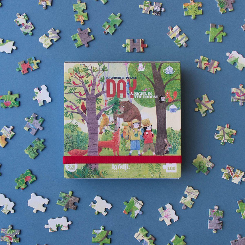 Dwustronne puzzle dla dzieci z motywem lasu, pokazujące przyrodę w dzień i w nocy, ekologiczne i edukacyjne.