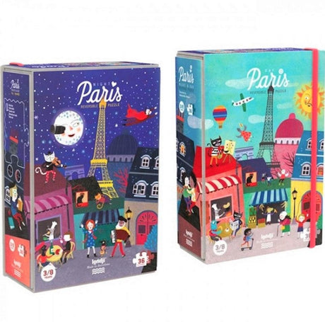 Dwustronne puzzle Londji Paryż Noc i Dzień dla dzieci, przenoszące w magiczny świat tętniącego życiem Paryża.