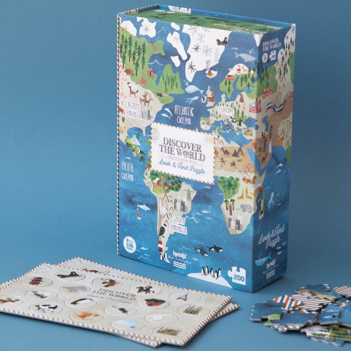 Londji: puzzle obserwacyjne z mapą Discover the World 200 el. - Noski Noski