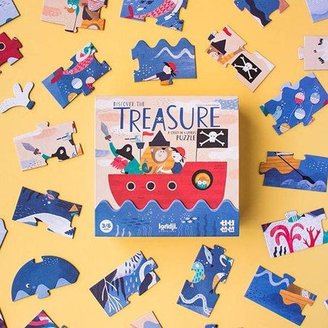 Duże Puzzle Progresywne Skarb Londji dla dzieci, edukacyjne i ekologiczne, fascynująca przygoda pełna pięknych ilustracji.