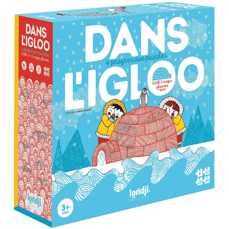Puzzle Londji Dans L'Igloo, progresywne układanki dla dzieci z magicznymi okularami i ekologicznymi materiałami.