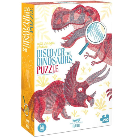 Edukacyjne puzzle dinozaury Londji, 200 elementów, dla dzieci, z dwoma lupami odkrywającymi sekrety prehistorycznych gadów.