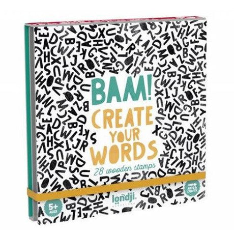 Zestaw Londji Bam Create your Words to 28 drewnianych pieczątek dla dzieci z literami, idealne do nauki układania słów.