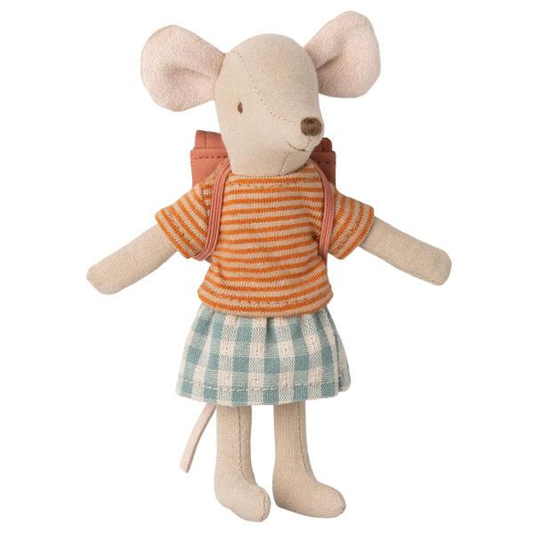 Maileg: myszka z plecakiem paski Tricycle Mouse Big Sister 13 cm - Noski Noski