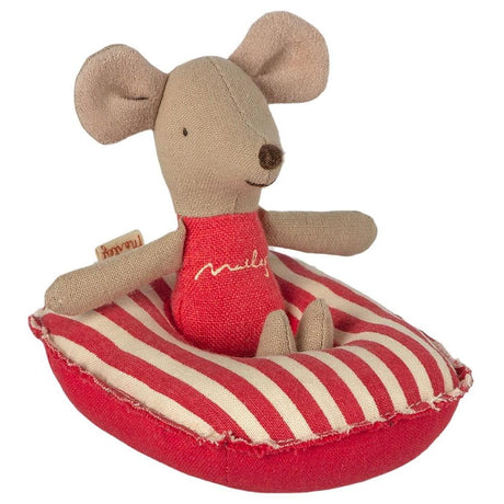 Ponton plażowy w czerwone paski dla myszek Maileg, styl retro, wspiera kreatywność i zabawę dzieci.