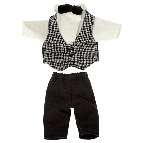 Ubranka dla lalek Maileg Kelner 15 cm, elegancki komplet koszula, kamizelka, mucha i spodnie, idealne akcesoria dla lalek.