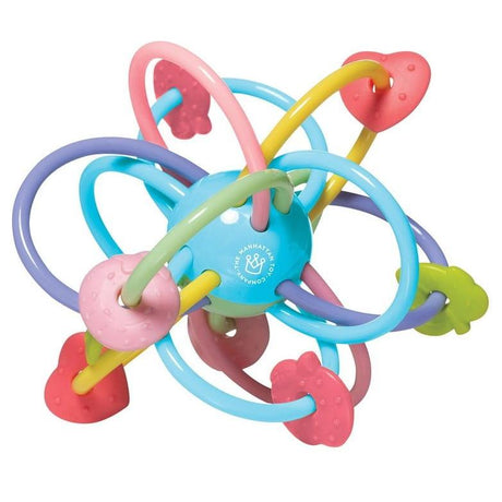 Grzechotka i gryzak Manhattan Toy sensoryczna zabawka dla niemowląt, kolorowe kabelki, silikonowe elementy.