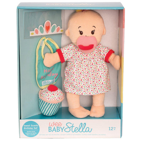 Pluszowa lalka bobas Wee Baby Stella z urodzinowymi akcesoriami, pachnąca wanilią; rozwija wyobraźnię dziecka.