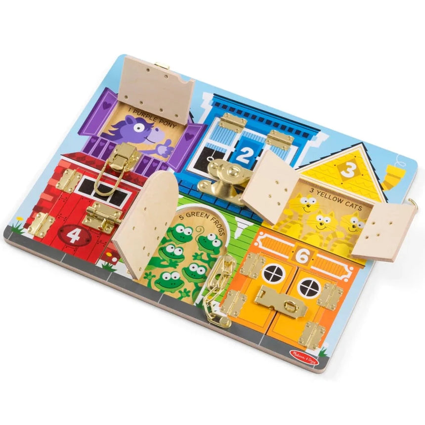 Melissa and Doug: tablica manipulacyjna z zamkami i zasuwkami Latches Board - Noski Noski