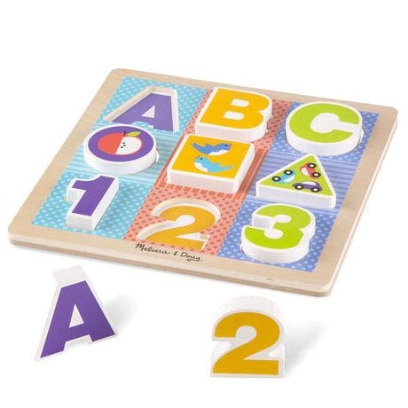 Puzzle drewniane Melissa & Doug ABC 123 Chunky, edukacyjne puzzle dla dzieci, rozwijają zdolności manualne i poznawcze.