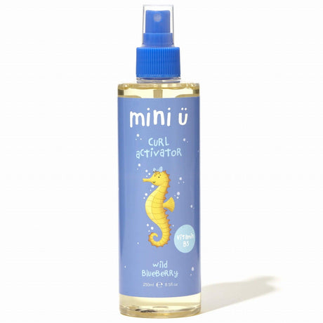 Spray do rozczesywania włosów Mini-u Wild Blueberry, nawilża loki, odżywka z witaminą B5, zapach dzikiej jagody, naturalny skład.