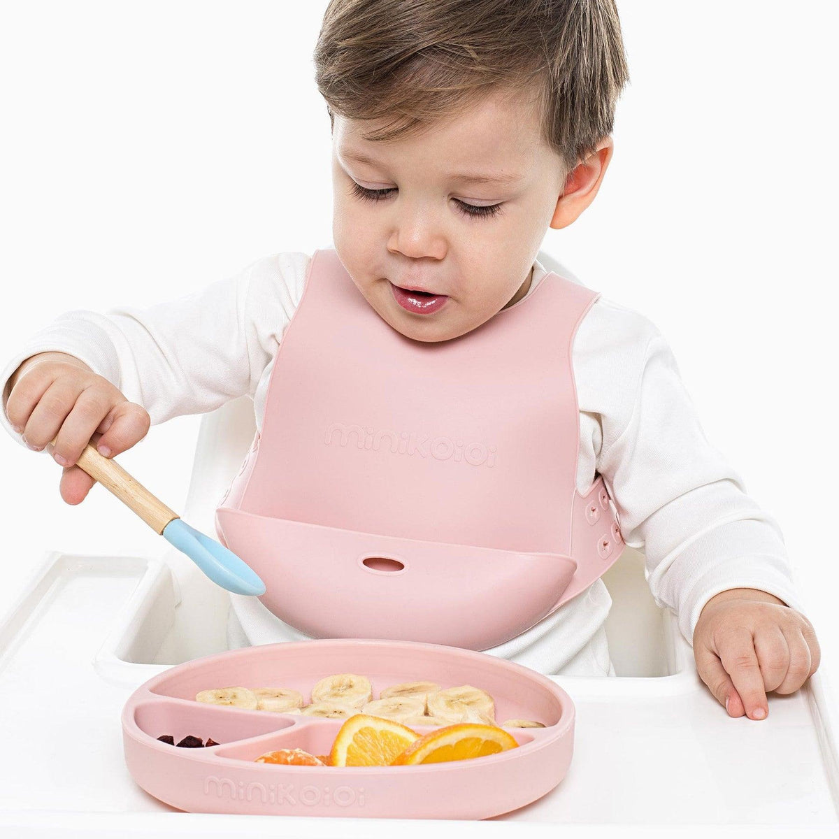 Ensemble d'alimentation pour bébé: triple assiette, bavoir imprimé