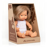 Miniland: lalka dziewczynka ciemny blond Europejka 38 cm - Noski Noski
