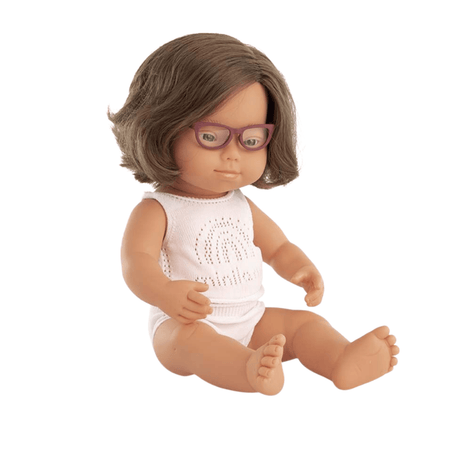 Miniland: lalka dziewczynka z zespołem Downa w okularach Europejka 38 cm - Noski Noski
