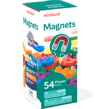 Kolorowe magnesy na lodówkę dla dzieci Miniland, 54 wypukłe cyfry i znaki, idealne do nauki matematyki poprzez zabawę.