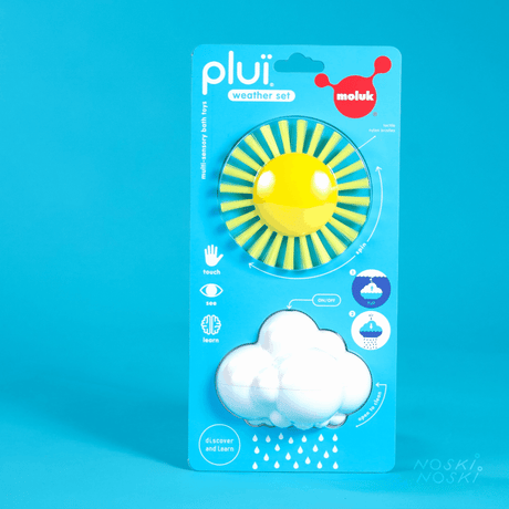 Zabawka sensoryczna do wody Moluk Plui Weather, chmurka i słoneczko, idealna jako szczotka do kąpieli dla dzieci.