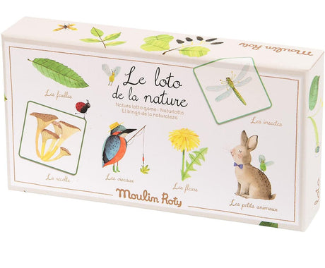 Gra lotto przyrodnicza Moulin Roty Natura z ilustrowanymi kartami roślin i zwierząt rozwija pamięć i koncentrację.