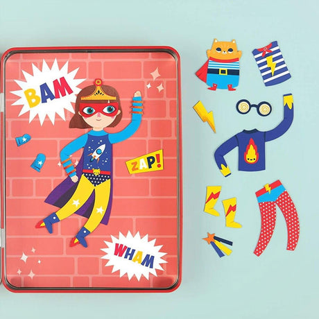 Ubieranki dla dziewczyn Mudpuppy Super Dzieciaki - kreatywne puzzle magnetyczne z 40 magnesami i 2 dwustronnymi kartami.
