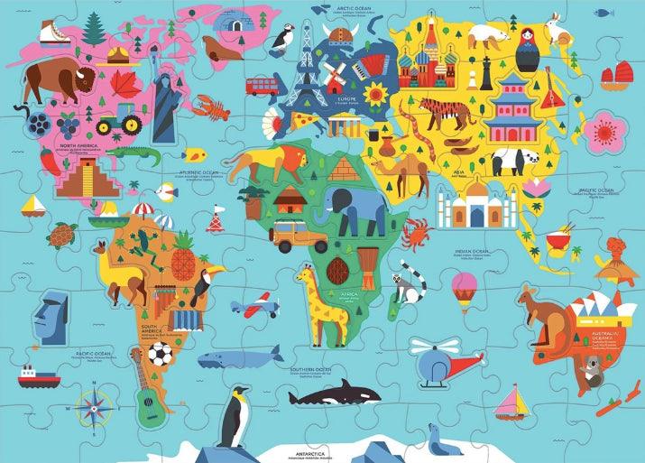 Mudpuppy: puzzle mapa świata z elementami w kształcie budowli i zwierząt 78 el. - Noski Noski
