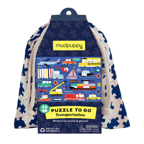 Puzzle Podróżne Mudpuppy Transport 36 elementów w woreczku, idealne puzzle dla dzieci na długie podróże.