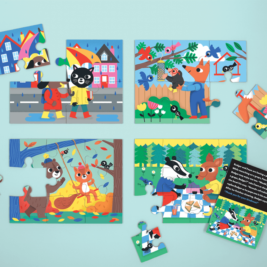 Puzzle Mudpuppy Kindness Progresywne 4w1 dla dzieci z uroczymi zwierzątkami uczącymi empatii i troski.