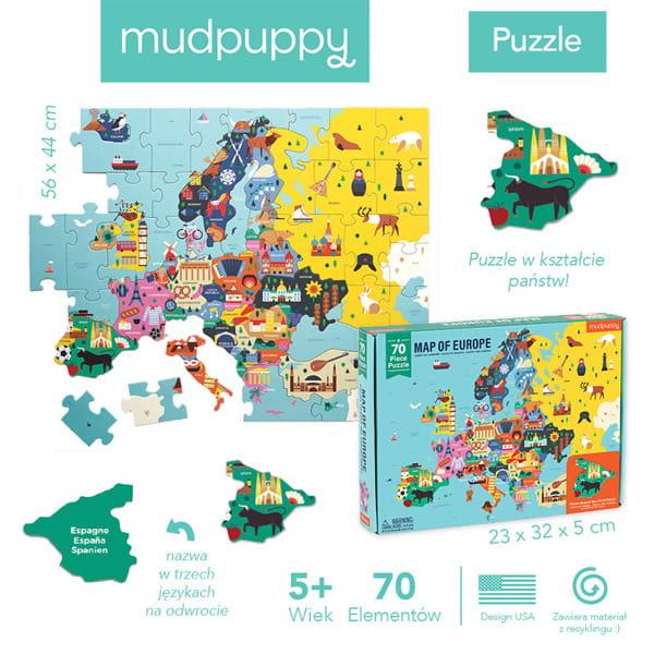 Mudpuppy: puzzle z elementami w kształcie państw Mapa Europy 70 el. - Noski Noski