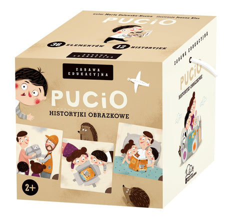 Gra edukacyjna Nasza Księgarnia Pucio, układanka z 36 elementów, ułatwiająca tworzenie historyjek obrazkowych dla dzieci.