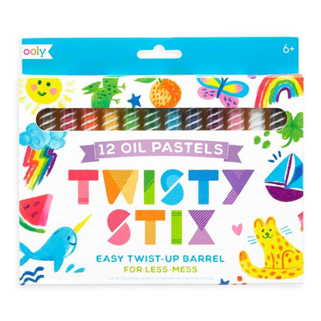 Pastele olejne Ooly Twisty Stix 12 kolorów, wygodna plastikowa oprawa, idealne dla dzieci, malowanie i mieszanie bez bałaganu.