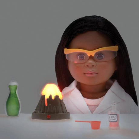 Urocze ubranka i akcesoria dla lalek Our Generation Lab Class do eksperymentów chemicznych. Wulkan ze światłem, okulary ochronne.