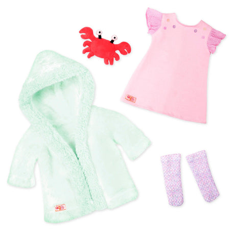 Szlafrok i piżama dla lalki Our Generation Seaside Dreams, mięciutki zestaw idealny na przytulne noce.