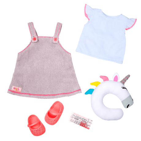 Ubranka dla lalek Our Generation Unicorn Express: sztruksowa sukienka, t-shirt, sandałki i poduszka podróżna.