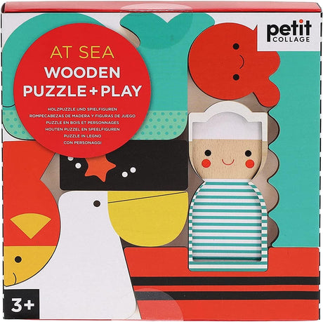Puzzle drewniane At Sea Petit Collage – kolorowa układanka z morskimi motywami dla dzieci, rozwija wyobraźnię i logiczne myślenie.