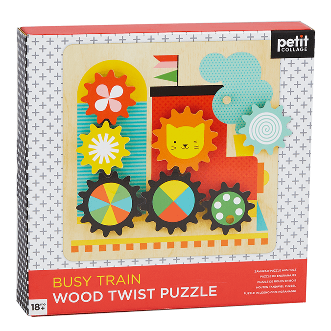 Petit Collage: puzzle zębatki pociąg Busy Train Wooden Twist Puzzle - Noski Noski