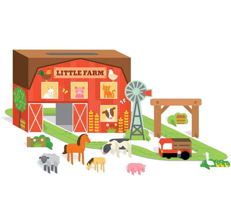 Farma Petit Collage z drogą i nakręcaną ciężarówką, zwierzęta gospodarskie, kreatywna zabawa dla dzieci, farma dyniowa.