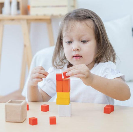 Kolorowe klocki drewniane Plantoys Fraction Cubes Montessori do nauki ułamków, rozwijają logiczne myślenie u dzieci.