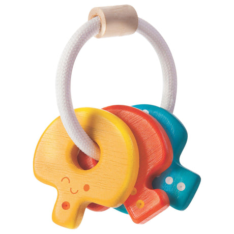 Drewniane klucze Plantoys, bezpieczna grzechotka dla niemowlaka, wspierająca rozwój motoryczny i koordynację ruchową.