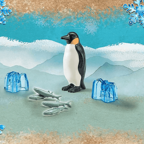 Figurka Pingwina Królewskiego Playmobil Wiltopia z akcesoriami i kartą wiedzy, idealna dla dzieci odkrywających dzikie zwierzęta.