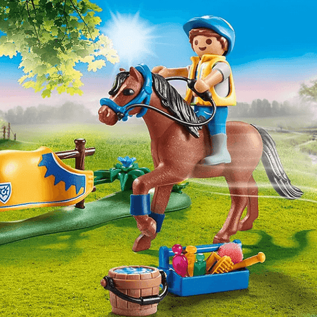 Playmobil Kucyk Walijski Country z figurką jeźdźca i akcesoriami, idealny zestaw dla małych fanów jazdy konnej.
