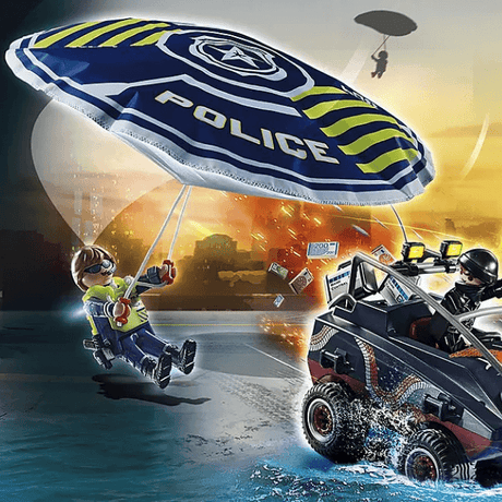 Zestaw Playmobil Policyjny spadochron i amfibia City Action – ekscytujący pościg, kreatywność i zabawa dla dzieci.