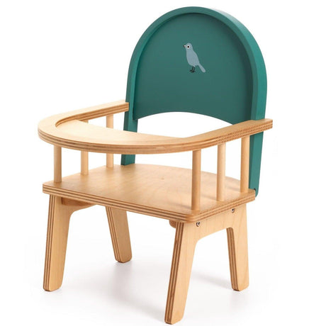 Drewniane krzesełko dla lalki Pomea do karmienia – trwałe, bezpieczne dla dzieci od 2 lat, idealne dla małych opiekunów.