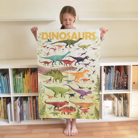 Plakat edukacyjny Poppik Dinozaury z 32 naklejkami z dinozaurami do nauki i dekoracji pokoju, kolorowy i angażujący.