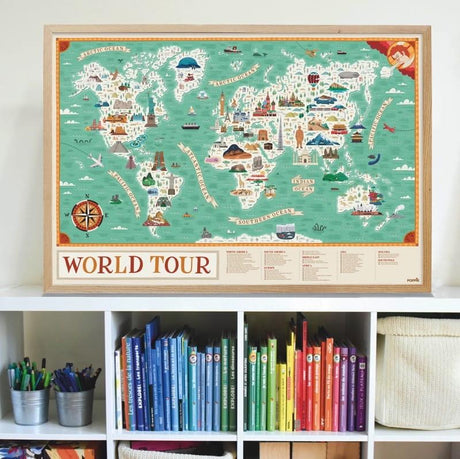 Duża ścienna mapa świata z krajami, zabytkami i cudami natury, 71 naklejek; idealna edukacyjna dekoracja dla dzieci.