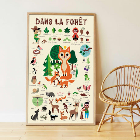Plakat edukacyjny Poppik Las z kolorowymi naklejkami leśnych zwierząt, idealny do nauki i dekoracji pokoju dziecięcego.