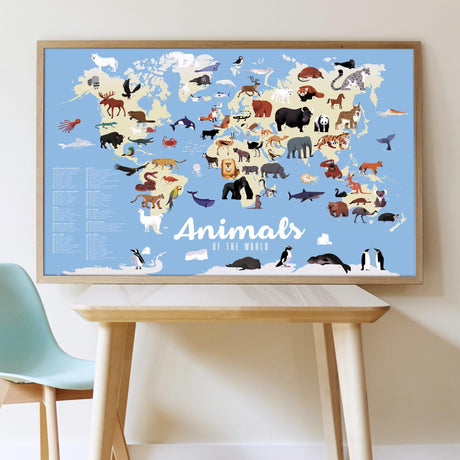 Plakat edukacyjny Poppik Zwierzęta Świata z naklejkami, idealny dla dzieci do poznawania zwierząt i dekoracji pokoju.