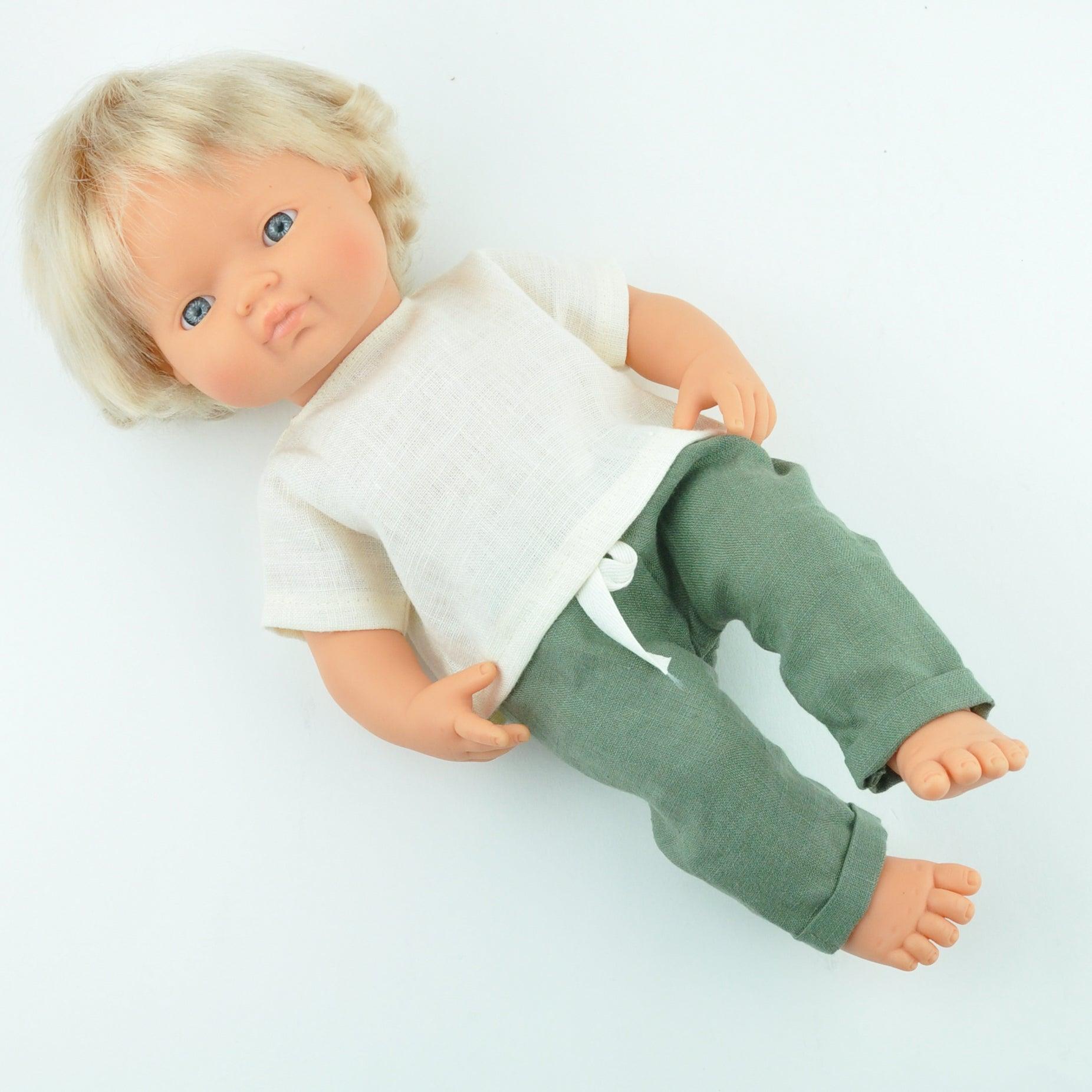 Przytullale: lniana koszullka i spodnie zielone ubranko dla lalki Miniland - Noski Noski
