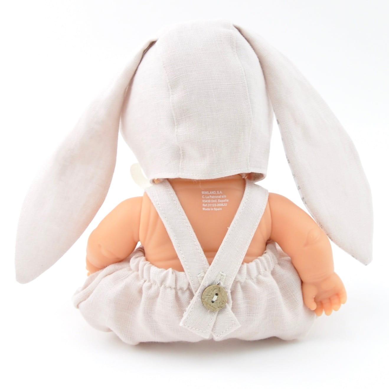 Przytullale: lniany kombinezon i bonnetka z króliczymi uszami dla mini lalki Miniland - Noski Noski