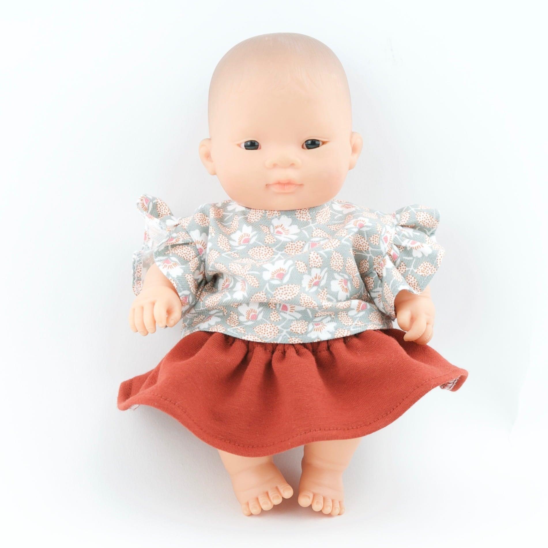 Przytullale: miedziana spódniczka i bluzka z falbanami ubranko dla mini lalki Miniland - Noski Noski