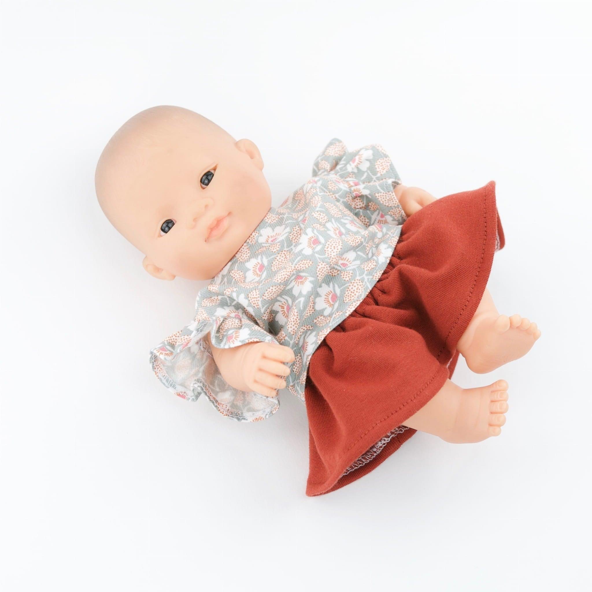 Przytullale: miedziana spódniczka i bluzka z falbanami ubranko dla mini lalki Miniland - Noski Noski
